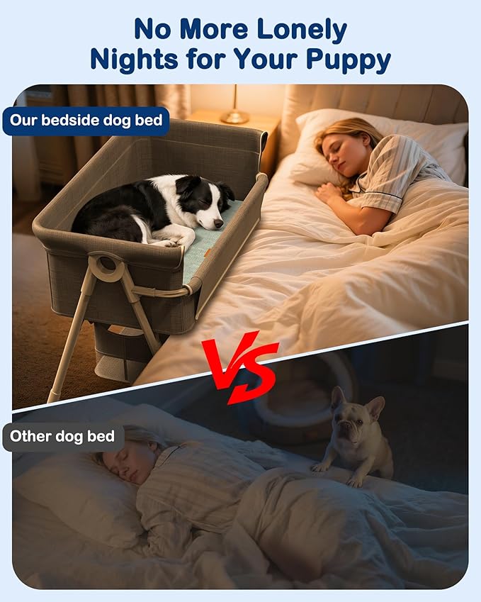 Bedside Dog Bed for Medium & Large Dogs, 4-Height Adjustable Pet Bassinet, Elevated Side-Sleeper Extension for High Human Bed, Washable Large Dog Couch with Auto-Braking Wheels(for Dogs Up to 77 lbs)