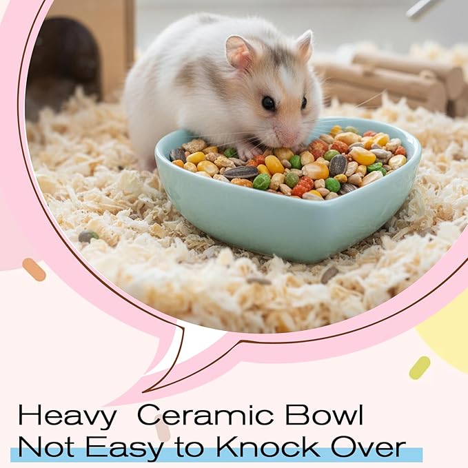 2 PCS Hamster Ceramic Food Bowl, Anti-Turning Heart Hamsters Food Water Dish, Ceramic Pet Bowls for Guinea Pig Gerbil Hedgehog Rat Rodent Bunny Parrots (Green, Blue)