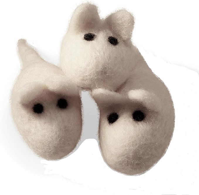 Cat Mouse Toys - 3 Felted Wool Mouse Toys Without Catnip for Indoor Cats and Kittens - Large Handmade Mice - White