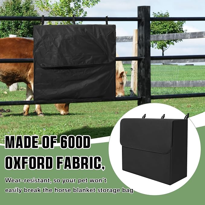 2 Pcs Black Horse Blanket Storage Bag 600D Oxford Fabric 24 x 20 x 9 in Waterproof Dust-Proof Hanging Stall Front Storage Bag Horse Stall Blanket Holder Accessories Organizer