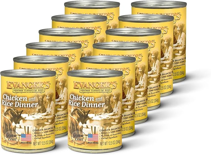 Evanger's Heritage Classic Chicken & Rice Dinner – 12 Count, 12.5 oz Each – Wet Dog Food with Chicken and Rice – Gluten-Free Loaf Style Meal – Complete and Balanced for All Life Stages
