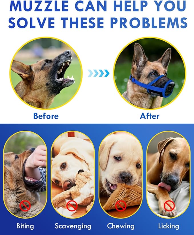 Dog Muzzle, Soft Air Mesh Muzzles for Medium Sized Dogs, Breathable Dog Mussels for Scavenging Biting Licking & Barking, Adjustable Mouth Guard for Grooming, Allows Panting and Drinking (Blue,M)