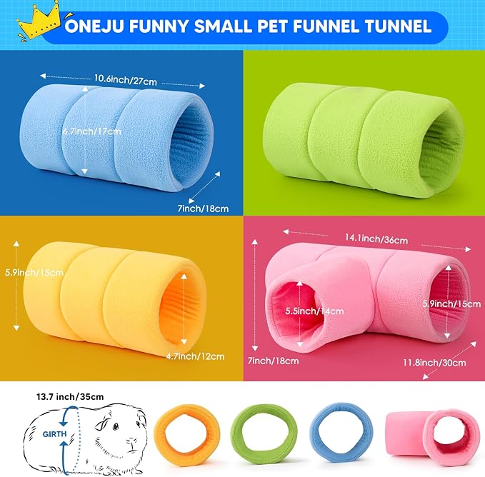 Guinea Pig Tunnel, Four Stackable Tunnels for Guinea Pig, One Pink 3-Way Tunnel and Three 2-Way Play Tube, Pink, Blue, Green and Yellow
