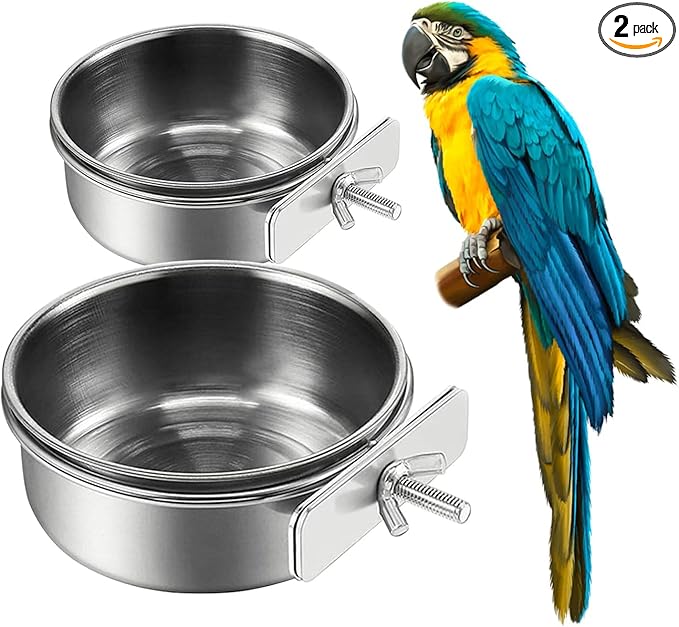 2Pcs Stainless Steel Bird Feeding Bowls, Small Bird Feeding Cup, Stainless Steel Parrot Food Bowl Cage with Holder, Parrot Cage Water Feeder, Pet Cage Cup Holder (Dia 3.93", 4.72",)