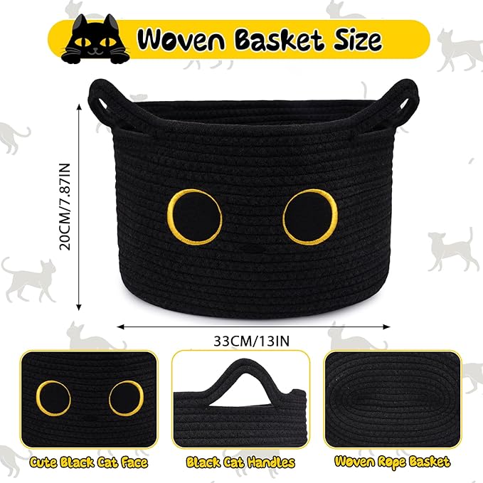 Black Cat Toy Basket for Nursery, Large Cute Cat Oval Woven Cotton Rope Blanket Storage Basket, Baby 0rganize Blanket Shower Hamper with Handles, Gifts Empty Storage Cat Bin,13"D x 8"H in