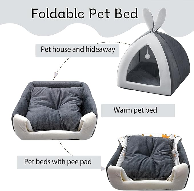 Guinea Pig Bed,Fleece Bunny Hideout House,Warm Rabbit Sleeping Bed with Pee Pad,Winter Large Hiding Hut for Hamster Ferret Rat Chinchilla Hedgehogs,Grey