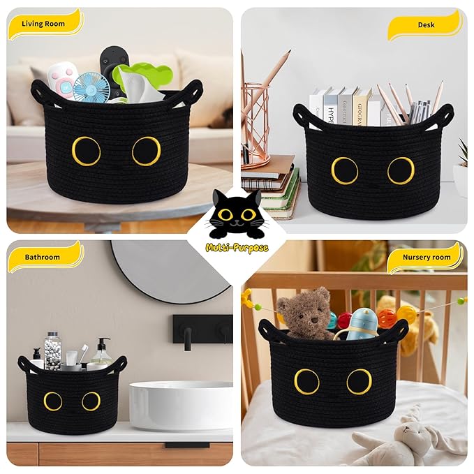Black Cat Toy Basket for Nursery, Large Cute Cat Oval Woven Cotton Rope Blanket Storage Basket, Baby 0rganize Blanket Shower Hamper with Handles, Gifts Empty Storage Cat Bin,13"D x 8"H in