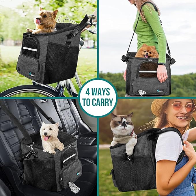 PetAmi Dog Bike Basket, Soft-Sided Ventilated Dog Bike Carrier Backpack, Pet Bicycle Basket for Bike Handlebar, Small Medium Puppy Cat Kitten Car Booster Seat with Safety Strap, Max 18 lbs, Dark Gray
