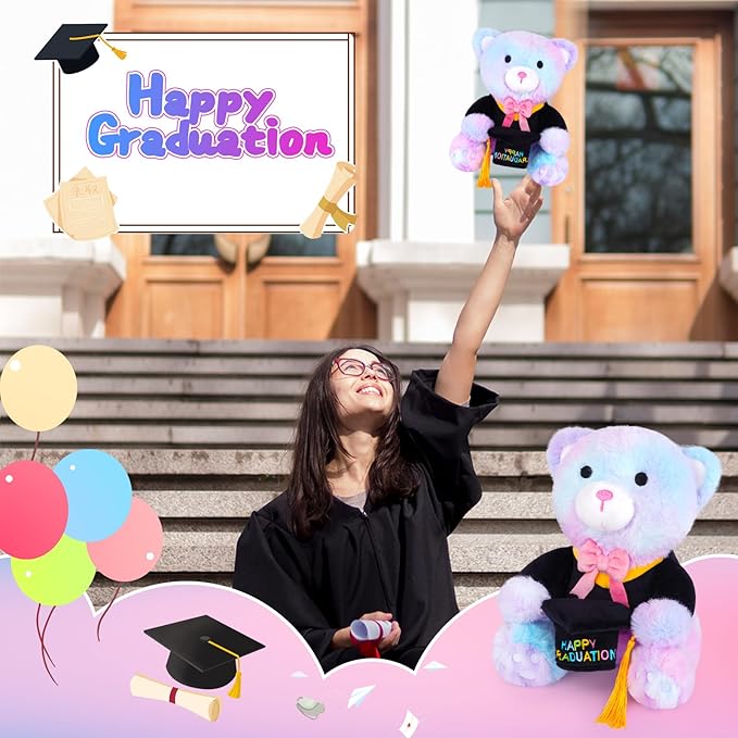 Graduation Bear Plush, 9 Inch Graduation Stuffed Animal 2026 with Cap Colorful Tie Dye Bear Plush, Graduates Graduation Party Gifts for Kindergarten Elementary High School College