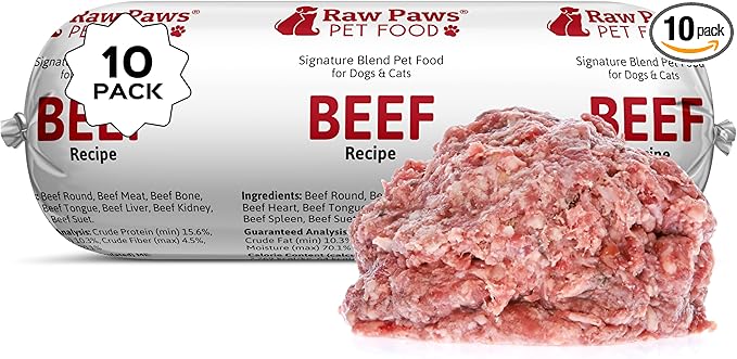 Raw Paws Signature Blend Pet Food for Dogs & Cats - Beef Recipe, 1-lb Rolls (10-Count) - Fresh Pet Food Made in USA, Grass-Fed Beef Log, Natural Dog Food Rolls, Raw Frozen Dog Food & Cat Food