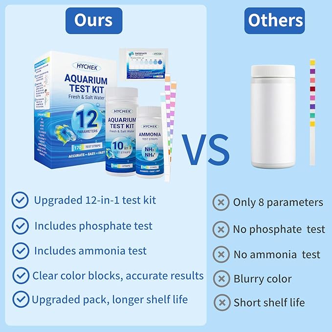 12 in 1 Accurate Aquarium Test Strips - 170 Strips | Fish Tank Aquariums Water Test Kit | Fresh & Salt Water Testing Kit | Includes Ammonia, Phosphate Strips and More.