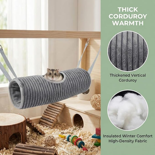 Hanging Ferret Tunnel Hammock, Warm Plush Dwarf Hamster Hideout Bed with Metal Hooks, Washable & Foldable for Hedgehog (Purple)