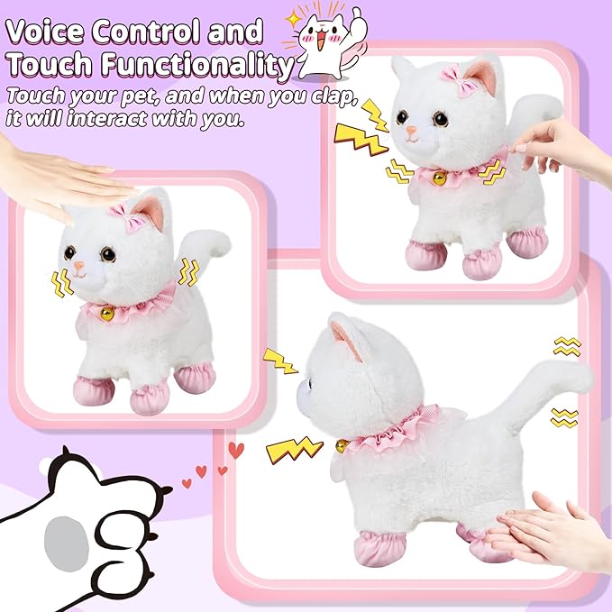 Jimate Interactive Electronic Plush Toy Walking and Barking Robot Cat Plush Cat Remote Control Kitten for Girls (White Cat)