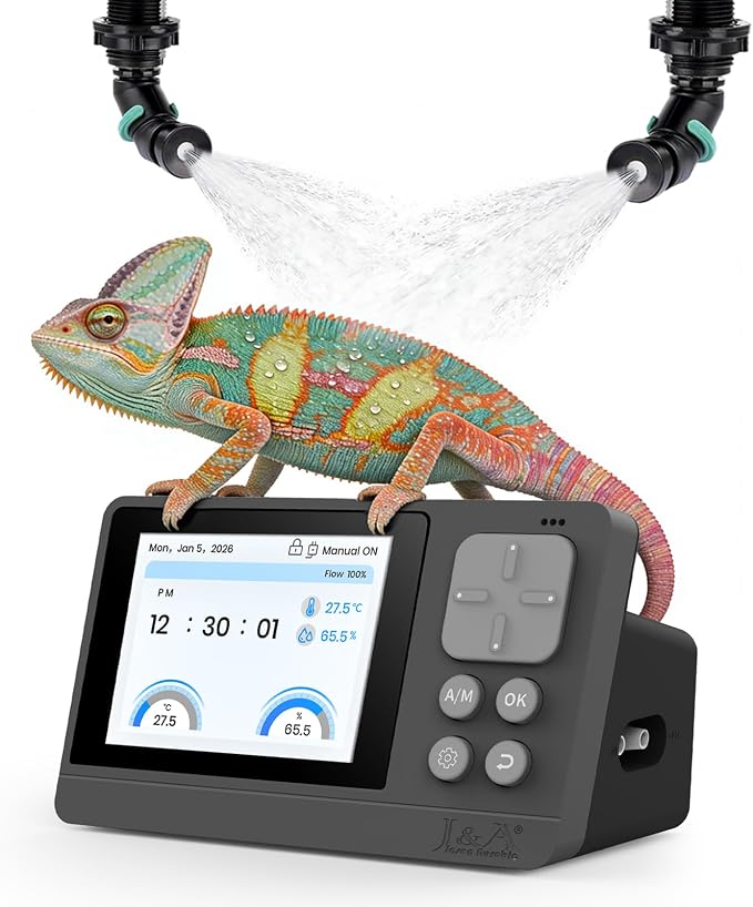 J&A Automatic Reptile Mister Temp Humidity Controller Terrarium Grey Black | New-Gen Misting System with Thermo-Hygrometer, Adjustable Spray Nozzles for Lizards, Chameleons & Snakes Tanks