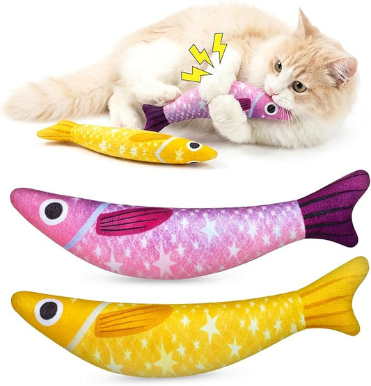Cat Toys with 5000mg A+Natural Catnip & Bell, Interactive Soft Chew Kicker Cat Toys for Indoor Cats & Kittens, [Crinkle &Bell] Fish Sound Toy, 2 Pack Fish Cat Toys Yellow Purple
