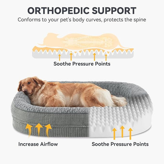 JOEJOY Orthopedic Dog Bed for Extra Large Dogs, Egg-Crate Memory Foam Pet Bed with Bolster Sides, Waterproof Lining, Removable Washable Cover & Non-Slip Bottom, Light Grey