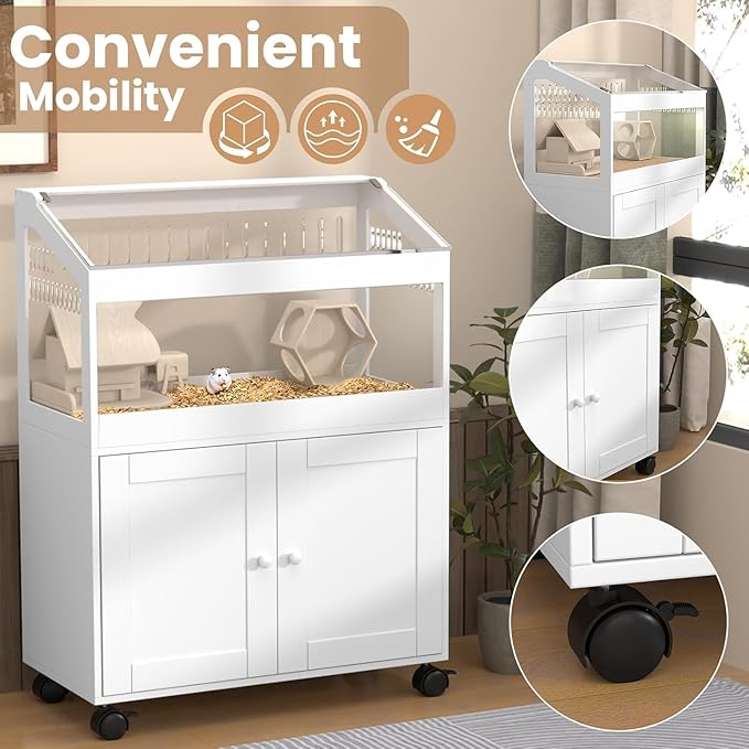 Hamster Cage with Storage Cabinet – Acrylic Panels for 360° Viewing, Ideal for Hamsters, Rabbits, Guinea Pigs, and Hedgehogs, White
