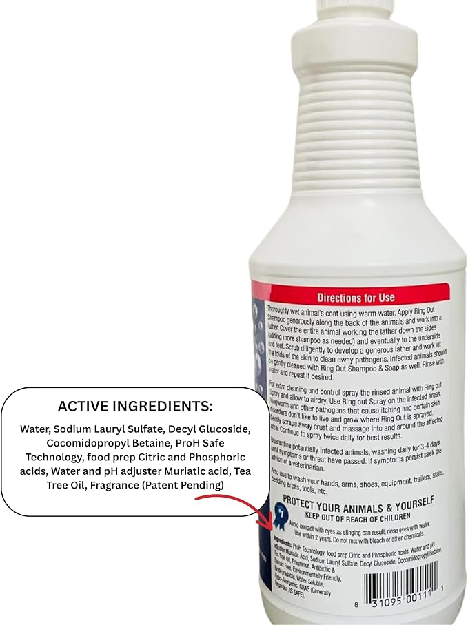 Ring Out Shampoo and Soap 32 oz - Low SUDSING Pet, Dog, Show Livestock Shampoo w/Tea Tree Essential Oil Strengthens & Promotes Health of Hair While Reducing Hair Loss & Scarring Caused by Ringworm