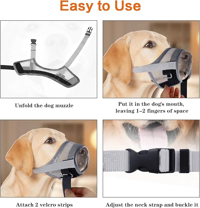 Dog Muzzle for Medium Large Dogs, Gray Soft Nylon Mesh Mask for Biting Chewing Scavenging, Breathable Barking Mouth Guard with Adjustable Straps for Vet Visit & Grooming