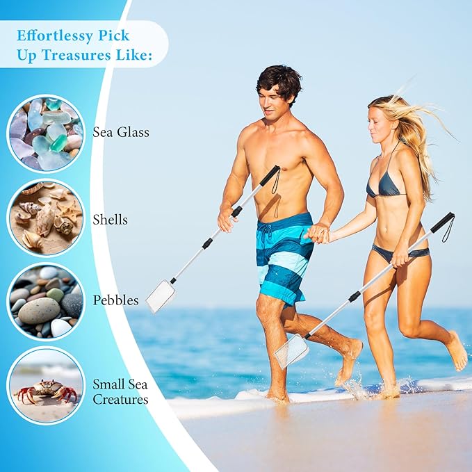Roshtia 4 Pcs Beach Sand Sifter Set, Adjustable Long Handle Shell Scoop, Shark Tooth Sifter Mesh Shovel for Family Seashell Collecting, Sea Glass Hunting and Beach Treasure Fun