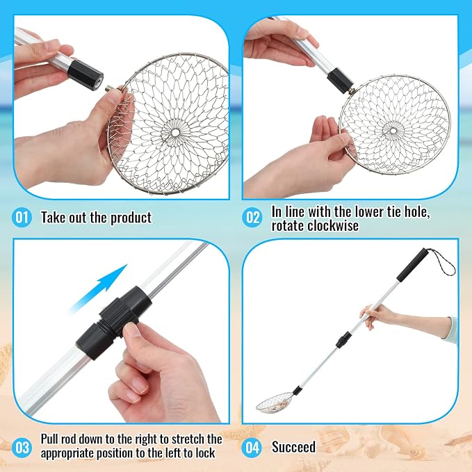 Roshtia 4 Pcs Beach Sand Sifter Set, Adjustable Long Handle Shell Scoop, Shark Tooth Sifter Mesh Shovel for Family Seashell Collecting, Sea Glass Hunting and Beach Treasure Fun