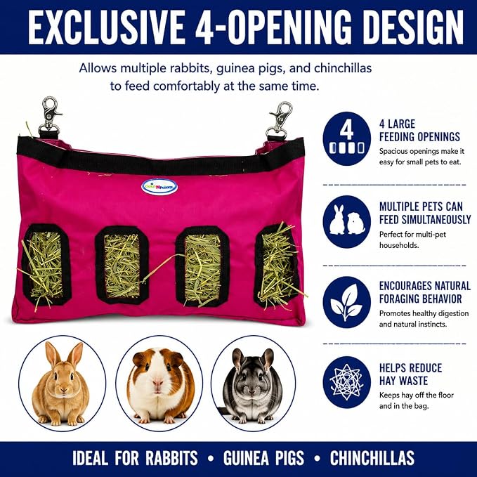 4-Opening Hay Bag for Rabbits, Guinea Pigs & Chinchillas, Hanging Hay Feeder, 18 x 11 x 1.5 in, 1000D Nylon, 6-Month Warranty (Black, 18" x 11" x 1.5")