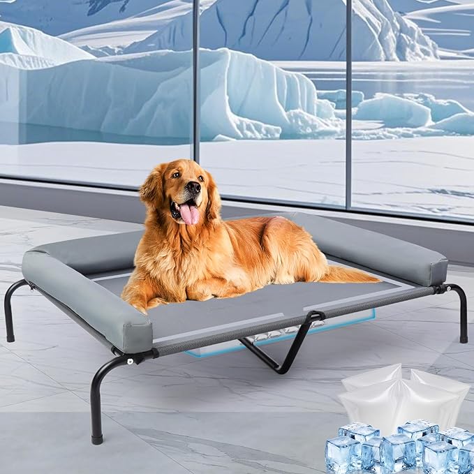 48'' Cooling Elevated Dog Bed with Pillow,Outdoor Indoor Raised Dogs Bed with Six Support Feet,Breathable Dog Cot Beds Teslin Medium Large Size Dogs,Dog Hammock Bed,Outside Pet Bed with 4 Ice Pack(L)