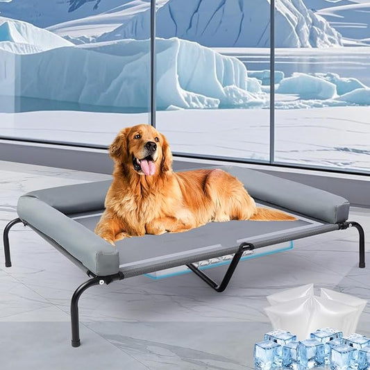 48'' Cooling Elevated Dog Bed with Pillow,Outdoor Indoor Raised Dogs Bed with Six Support Feet,Breathable Dog Cot Beds Teslin Medium Large Size Dogs,Dog Hammock Bed,Outside Pet Bed with 4 Ice Pack(L)