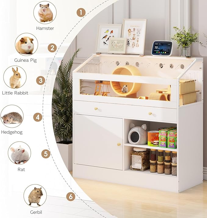 Hamster Cage with Storage Cabinet Small Animal Cage, Easy View Acrylic Panels, Large Habitat for Hamsters, Guinea Pigs, Rabbits, Hedgehogs