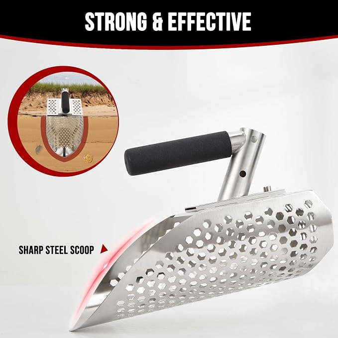 Sand Scoop for Metal Detecting, Metal Detector Scoop with Long Fiberglass Handle, Stainless Steel Sand Sifter for the Beach, Sand Flea Rake, Metal Detector Accessories, Metal Detecting Shovel
