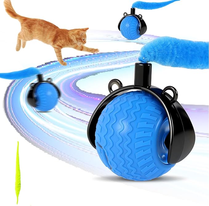 Smart Interactive Cat Toys for Indoor,Automatic Rolling Pet Ball,Teasing Hunting Toy for Kitten,3 Stimulating Modes,USB Recharge and Mouse Tail Toy 2 Tails Bule