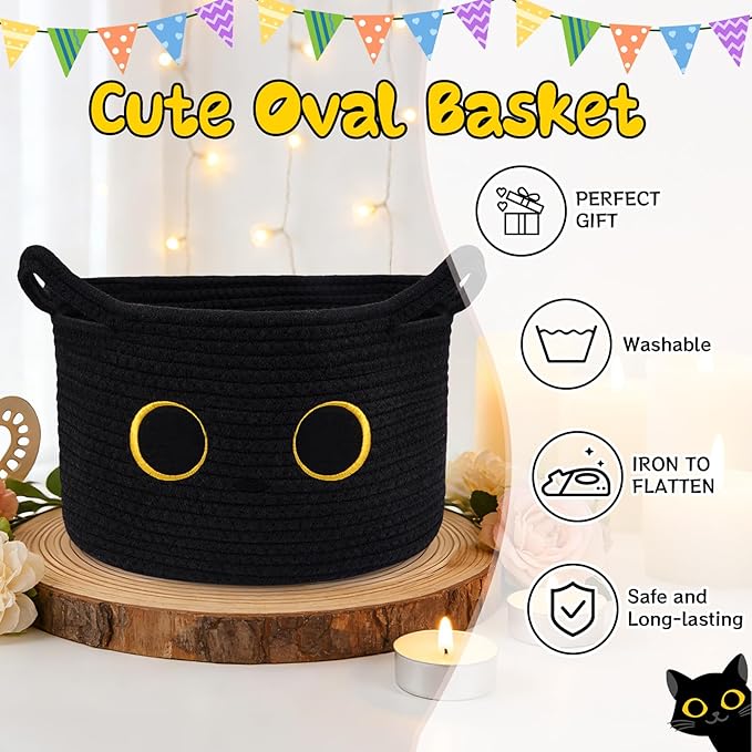 Black Cat Toy Basket for Nursery, Large Cute Cat Oval Woven Cotton Rope Blanket Storage Basket, Baby 0rganize Blanket Shower Hamper with Handles, Gifts Empty Storage Cat Bin,13"D x 8"H in