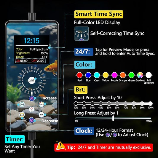 fishkeeper Aquarium Clip-On Stream Light with Auto Time Sync & 24/7, Full Spectrum LED Fish Tank Lights with 9 Colors, Set Any Timer & 1-100% Dimming, Adjustable Clamp, for Freshwater Plants Tanks 60W