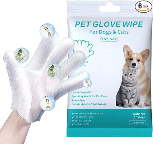 6PCS Unscented Extra Thick Pet Glove Wipes for Dogs & Cats, Dog Cat Washing Cleaning Gloves, Dog Grooming Bath Gloves for Daily Care and Traveling, Rinse Free