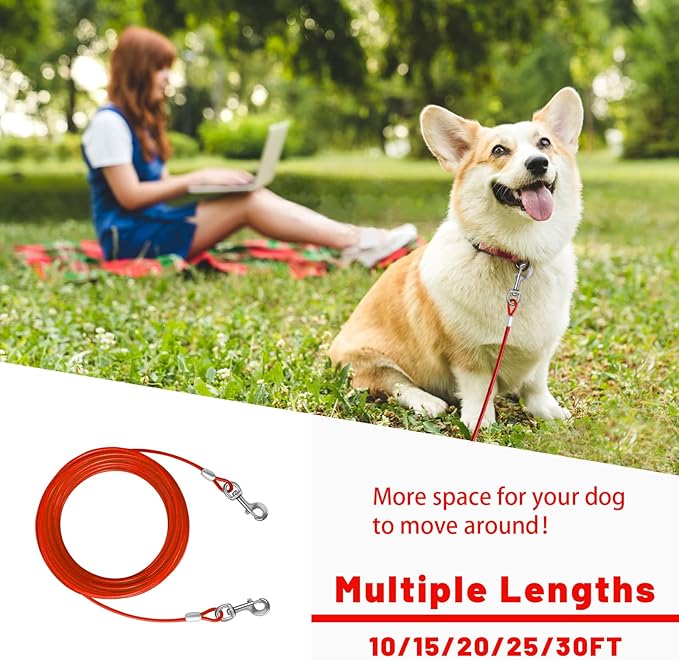Dog Tie Out Cable 10/15/20/25/30 FT Dog Runner for Yard Steel Wire Dog Cable with Durable Superior Clips Red Dog Chains for Outside Dog Lead for Large Dogs Up to 165 lbs