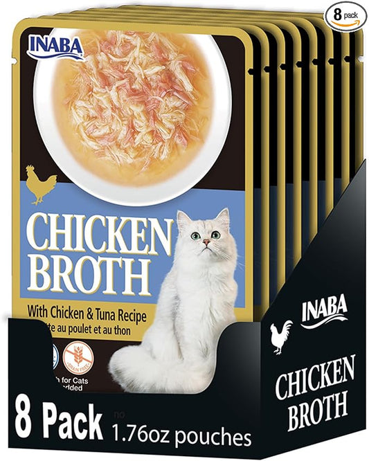 INABA Chicken Broth, Side Dish/Topper for Cats with Vitamin E, 1.76 Ounce Pouch, 8 Pouches Total, Chicken and Tuna Recipe