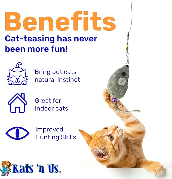 Kats’N US 2 Inch Real Rabbit Fur Handmade Mouse Cat Toy with 19 Inch White Wand - Gray Teaser with Bell, Durable Fiberglass Wand & Line, Hunting Instinct Interactive Exercise Attachment Set for Cats