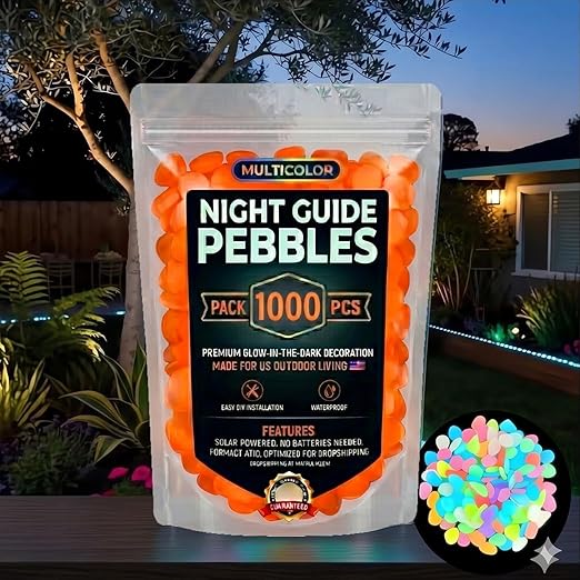 (Orange,1000pc) Glow in The Dark Pebbles, Rainbow Glow in the Dark Rocks Outdoor Pathways, Garden, Walkway, Aquarium and Yard Decor, Waterproof Night Guide Rocks for DIY Landscape Lighting