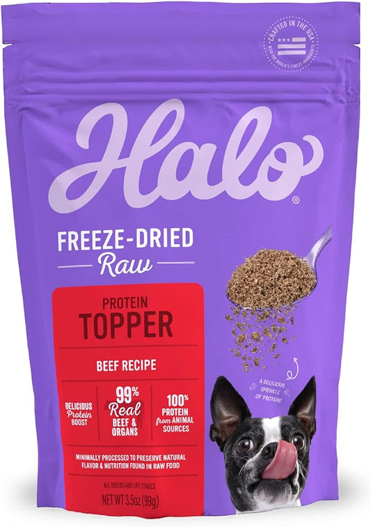 Halo Freeze Dried Raw Dog Food Topper, Beef Recipe, 100% Protein Source, For Natural Energy, Real Meat Topper, 3.5 Oz Pouch