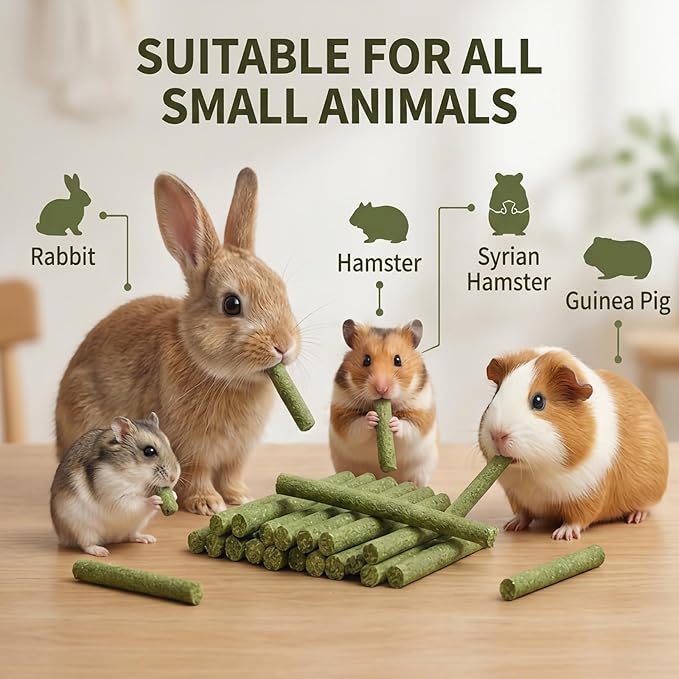Rabbit Toys,Timothy Hay Stick for Guinea Pig Toy Bunny Chew Toys for Teeth Grinding Hamster Alfalfa Bite Treat Rabbit Molar Food Snack for Pet Rat Chinchilla Squirrel Gerbil-58PCS