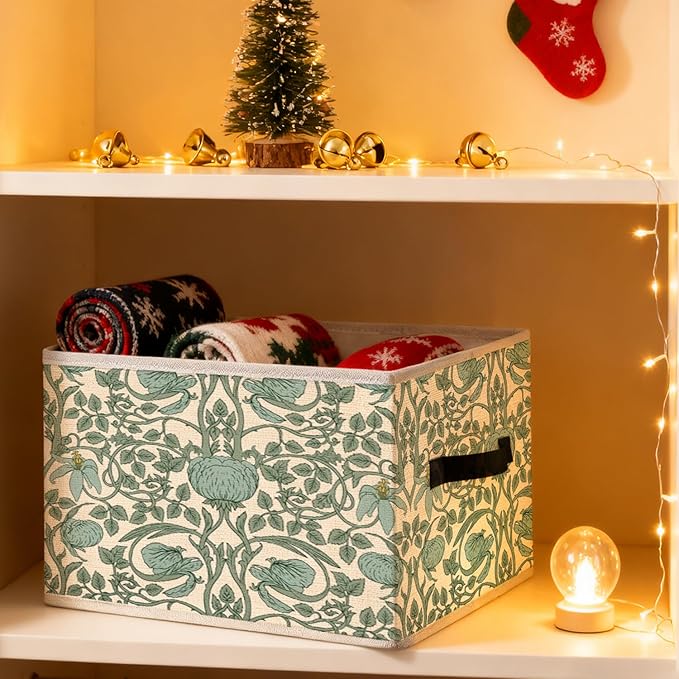 Vintage Green Art Nouveau Floral Storage Bins, Green Vine Flower Botanical Foldable Closet Organizers Storage Basket Toybox for Clothes Bed Sheets Blankets Toys
