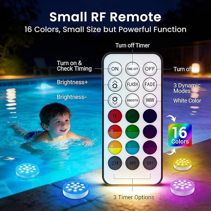 LOFTEK Pool Lights, Rechargeable Submersible LED Lights with Remote, IP68 Waterproof, 16 Colors Underwater Pool Light for Above Ground Inground Pool, Hot Tub, Shower, Bathub, Party, Vase, 4 Packs