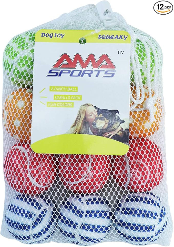 AMA SPORT Squeaky Tennis Balls for Dogs 12 Pack 2.0" Small Tennis Balls for New Puppy Small Dog Toys for Fetch, Exercise, Outdoor Play