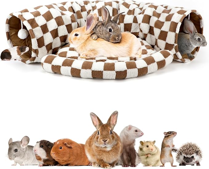 BWOGUE Bunny Tunnel Bed, 2-in-1 Collapsible Tunnel Tubes Toys with Removable Mat Hideout for Cats Kittens Rabbits Guinea Pigs Kitty (Brown Checks)