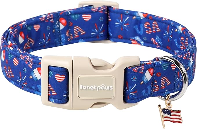 Lionet Paws 4th of July Dog Collar- Cute Summer Blue Dog Collars with Plastic Buckle and Flag Pendant,Light Adjustable Dog Collars for Medium Large Dogs