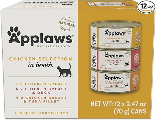 Applaws Natural Wet Canned Cat Food, Limited and Natural Ingredients, High Protein with No Artificial Additives, Chicken Selection Variety Pack in Broth (12 x 2.47oz Cans)