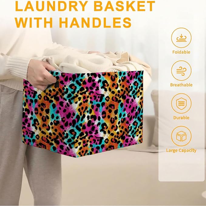 56L Leopard Print Laundry Basket Clothes Hamper with Handles,Foldable Blanket Storage Large Laundry Hamper with Waterproof PE,Toy Storage Bin Organizer,Cube Clothes Organizer,Home Decor