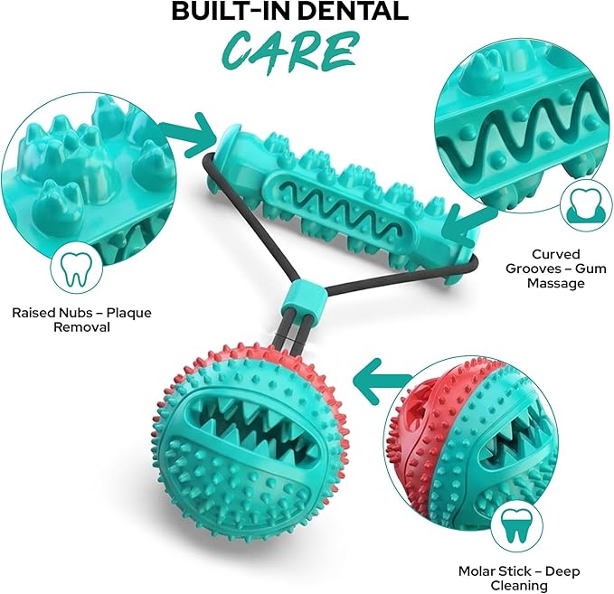 Tail Town Dog Toy Ball with Handle, TPR Rubber Treat Dispensing Ball for Dogs, Tug of War & Fetch Toy, Textured Chew Ball for Small Medium Large Dogs