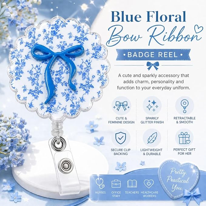 Cute Floral Blue Bow Ribbon Badge Reel for Nurse Women Office Teacher Flower Girly Aesthetic Decorative Sparkly Pretty Glitter ID Holder Clip Retractable Name Tag Card Holder Gifts Accessories