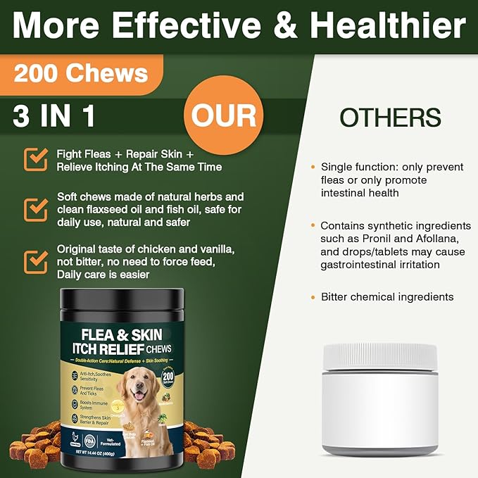 Dog Flea and Tick Prevention Allergy Chews - Omega 3 Skin and Coat Supplement,Immune Support,Natural Yeast,Itching & Licking Relief Treatment Chewable,Bites,Chews for Dogs Itching-200 Count